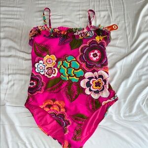 Old Navy Pink and Green One Piece Swimwear with Floral Design
